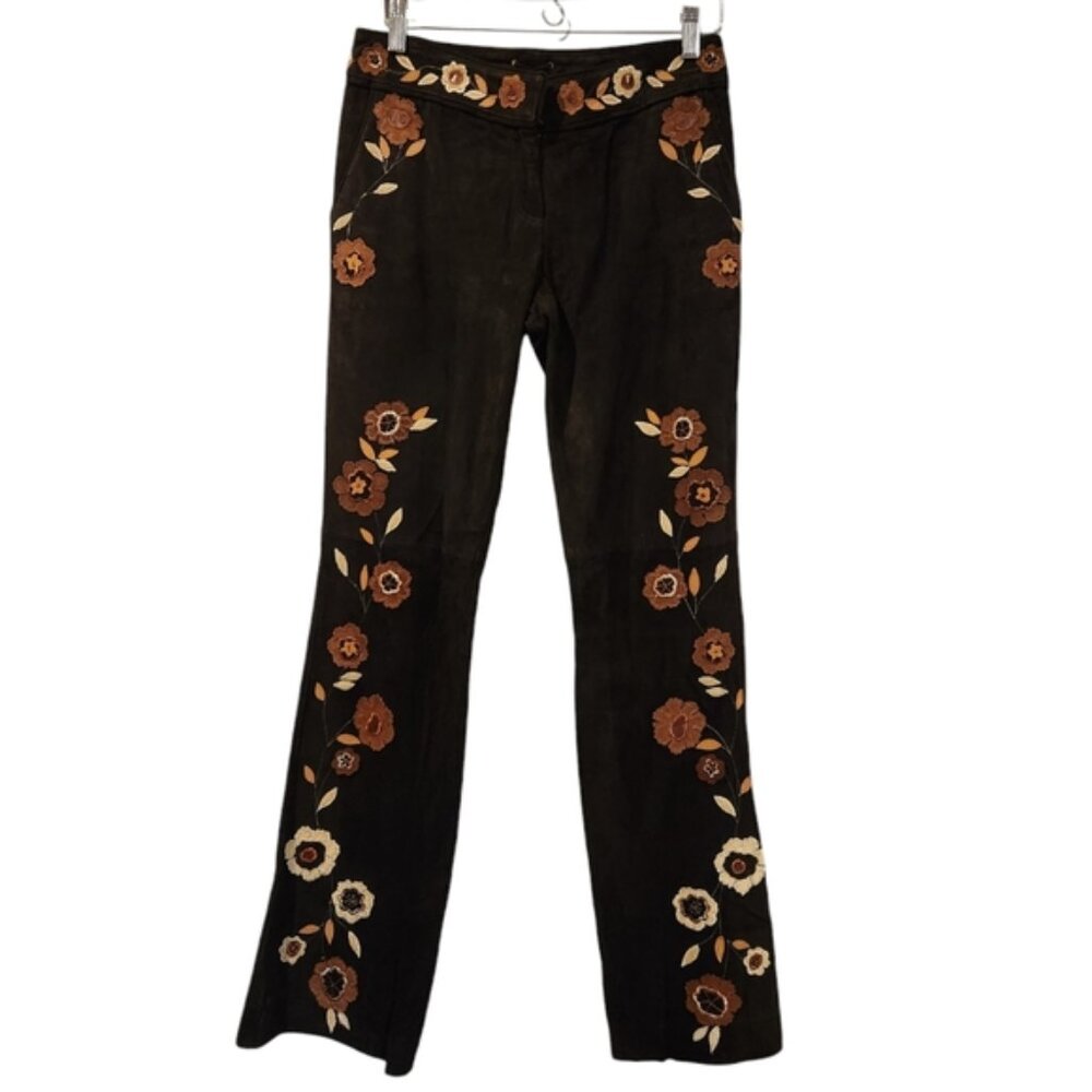 ESTHER CHEN straight leg suede pants with embroidered flowers 70s boho vibe